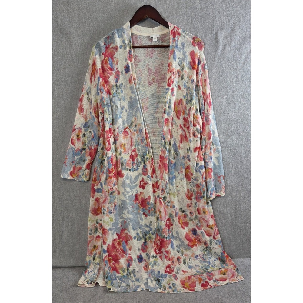 J Jill Floral Print Linen Blend L Duster Open Long Cardigan Sweater Cottagecore